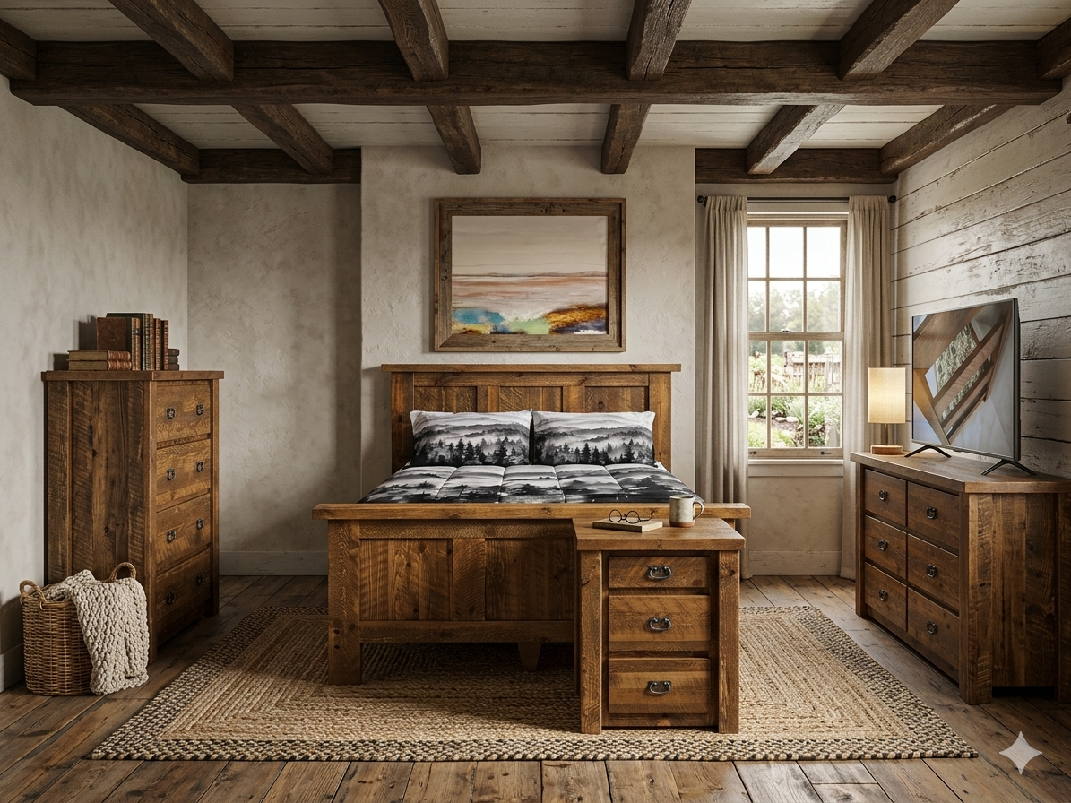 Reclaimed hardwood bedroom set with matching dresser and chest