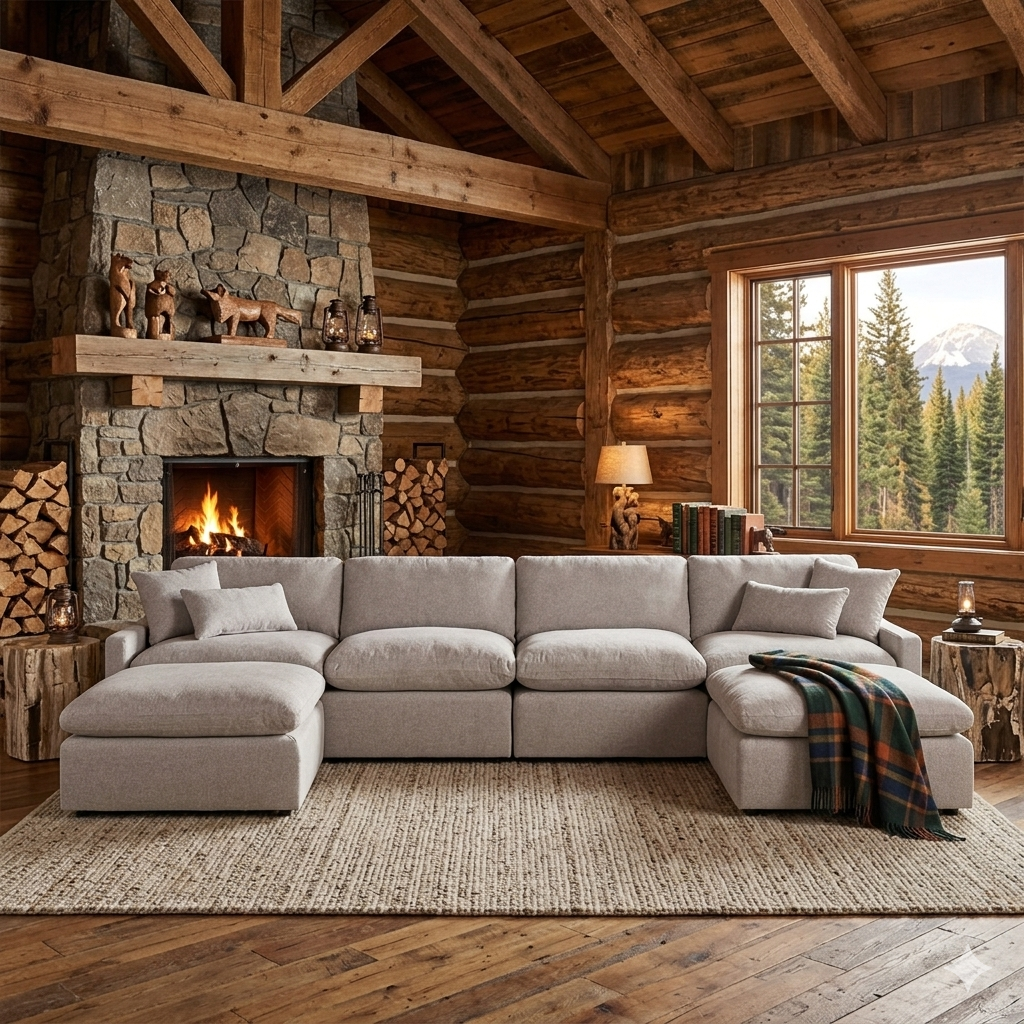 Cozy sectional by stone fireplace with mountain view